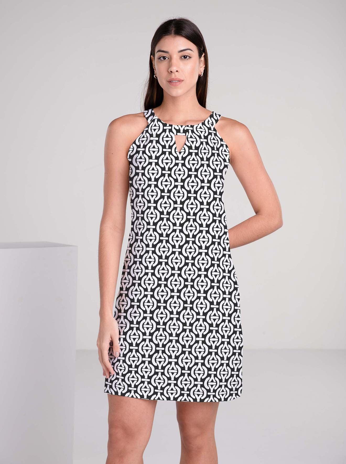 Lockin Print Cotton Knit Keyhole Shift Dress - Rezobay