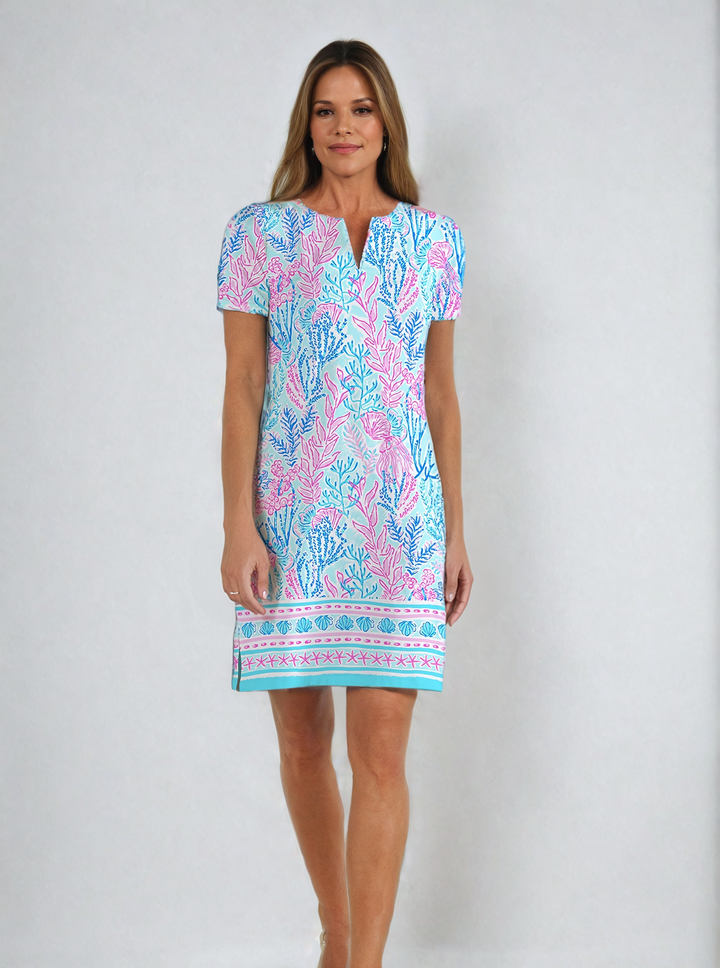 Deep Sea Print Cotton Knit Half Sleeve Palm Beach Shift Dress (Slim Fit)