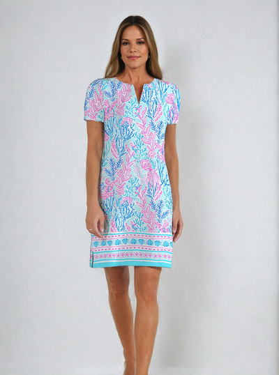 Deep Sea Print Cotton Knit Half Sleeve Palm Beach Shift Dress