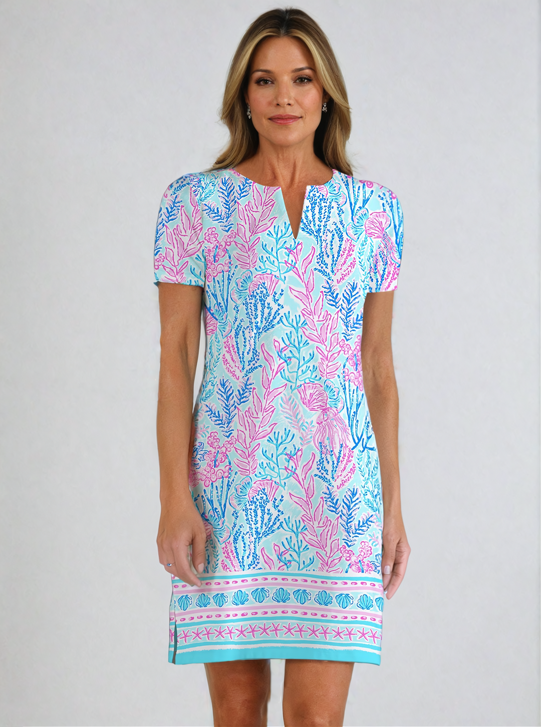 Deep Sea Print Cotton Knit Half Sleeve Palm Beach Shift Dress (Slim Fit)
