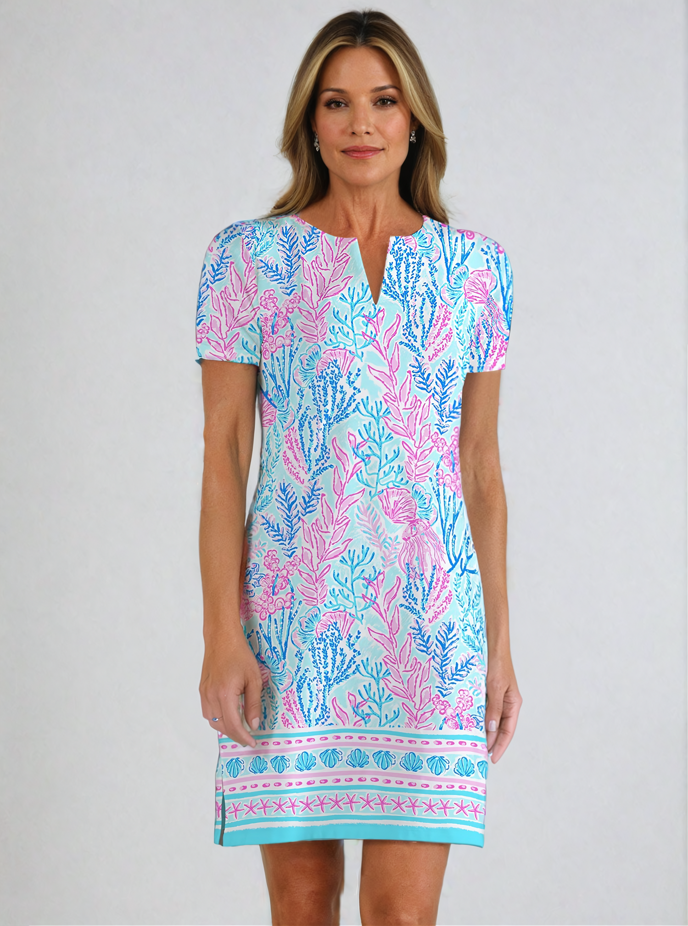 Deep Sea Print Cotton Knit Half Sleeve Palm Beach Shift Dress