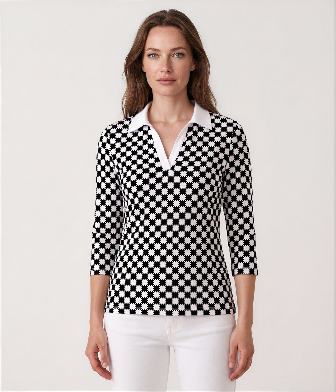 Checkboard Print Cotton Knit 3/4 Sleeve V-Neck Polo Top
