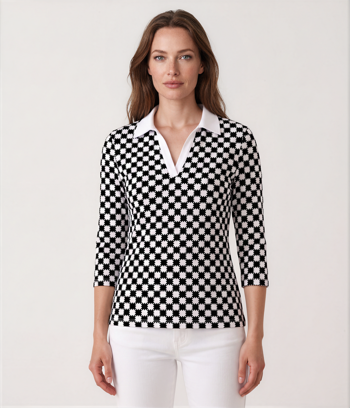 Checkboard Print Cotton Knit 3/4 Sleeve V-Neck Polo Top