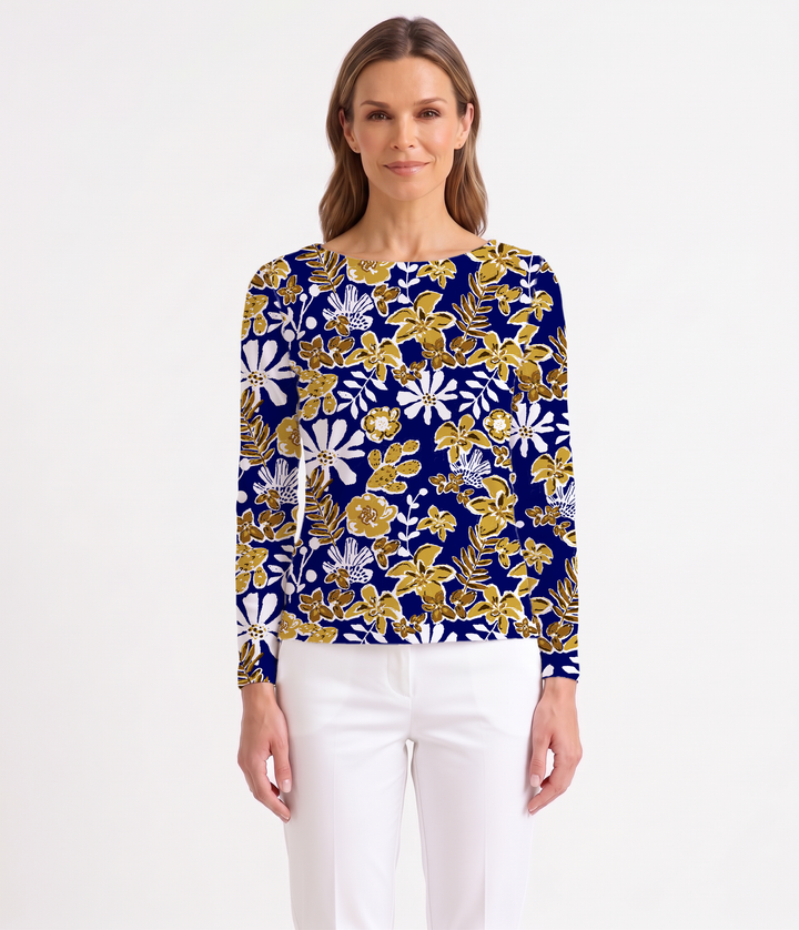 Paradise Island Print Cotton Knit Long Sleeve Boat Neck Top