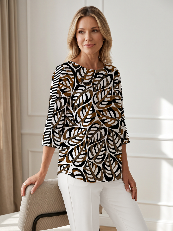 Big Forest Print Cotton knit 3/4 Sleeve Crew Neck Long Top
