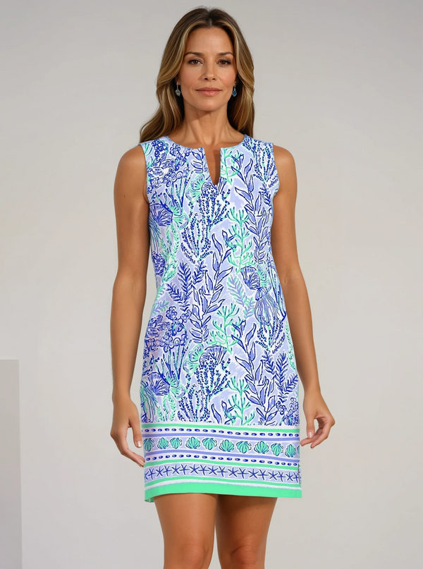 Deep Sea Print Cotton Knit Palm Beach Shift Dress (Slim Fit)