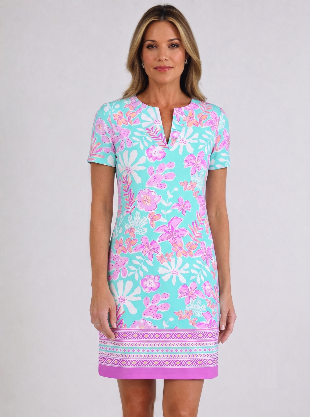 Paradise Island Print Cotton Knit Half Sleeve Palm Beach Shift Dress (Slim Fit)