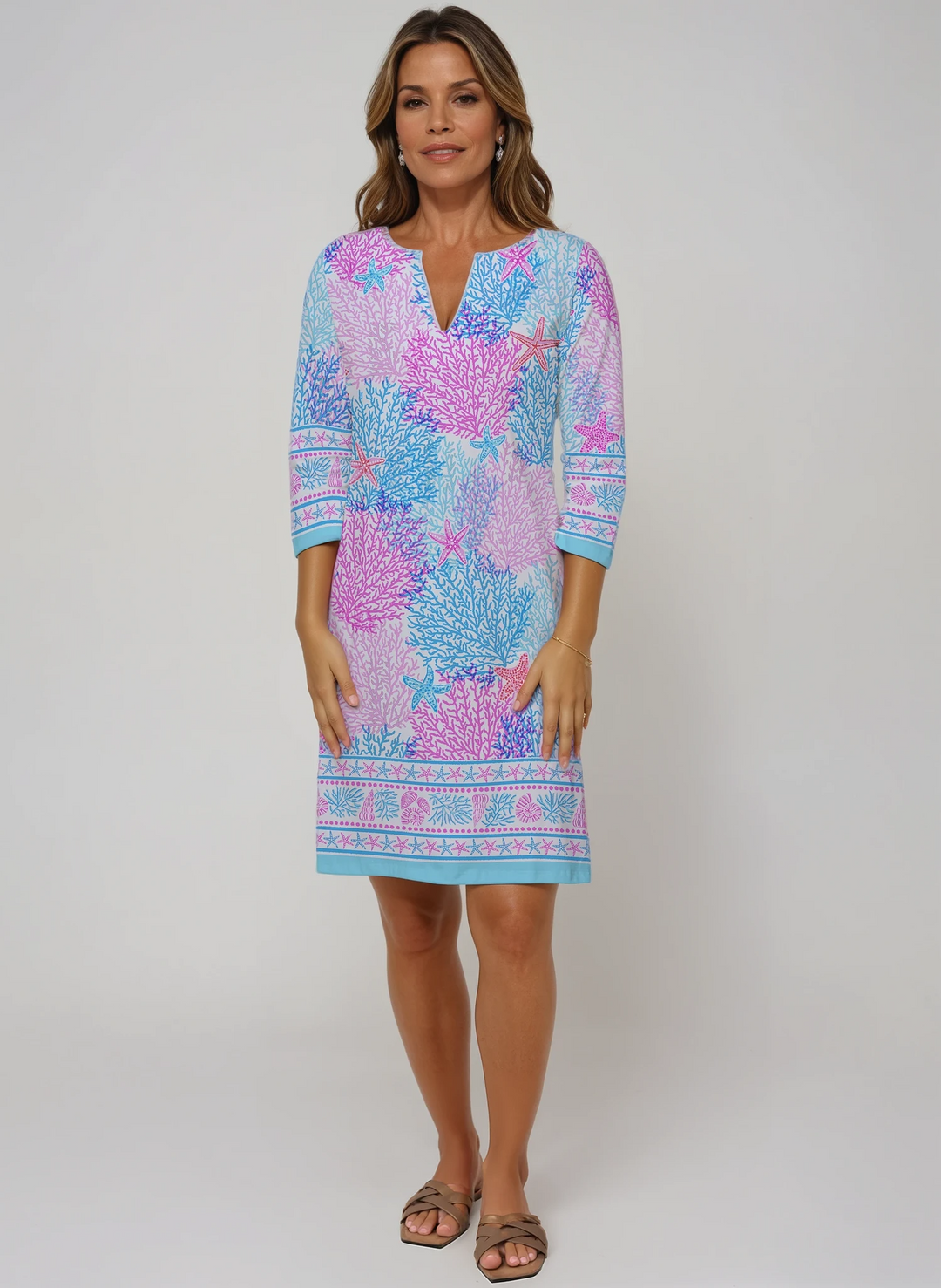 Bimini Dive Print Cotton Knit 3/4 Sleeve Palm Beach Shift Dress (Slim Fit)