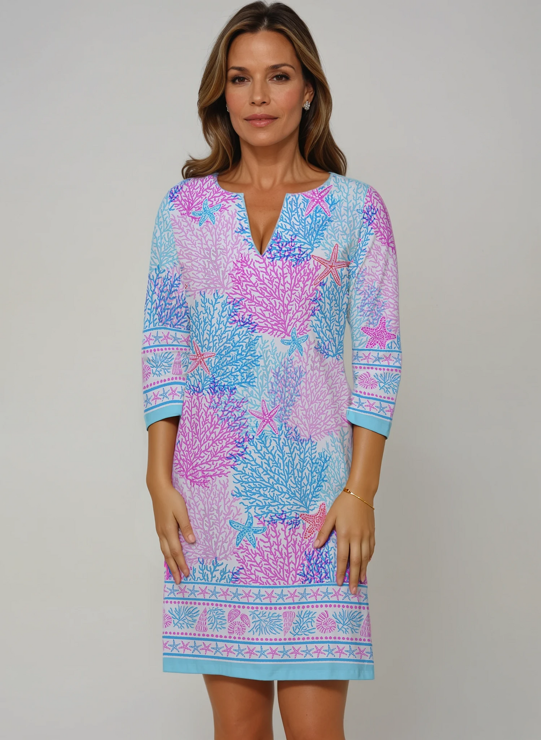Bimini Dive Print Cotton Knit 3/4 Sleeve Palm Beach Shift Dress (Slim Fit)