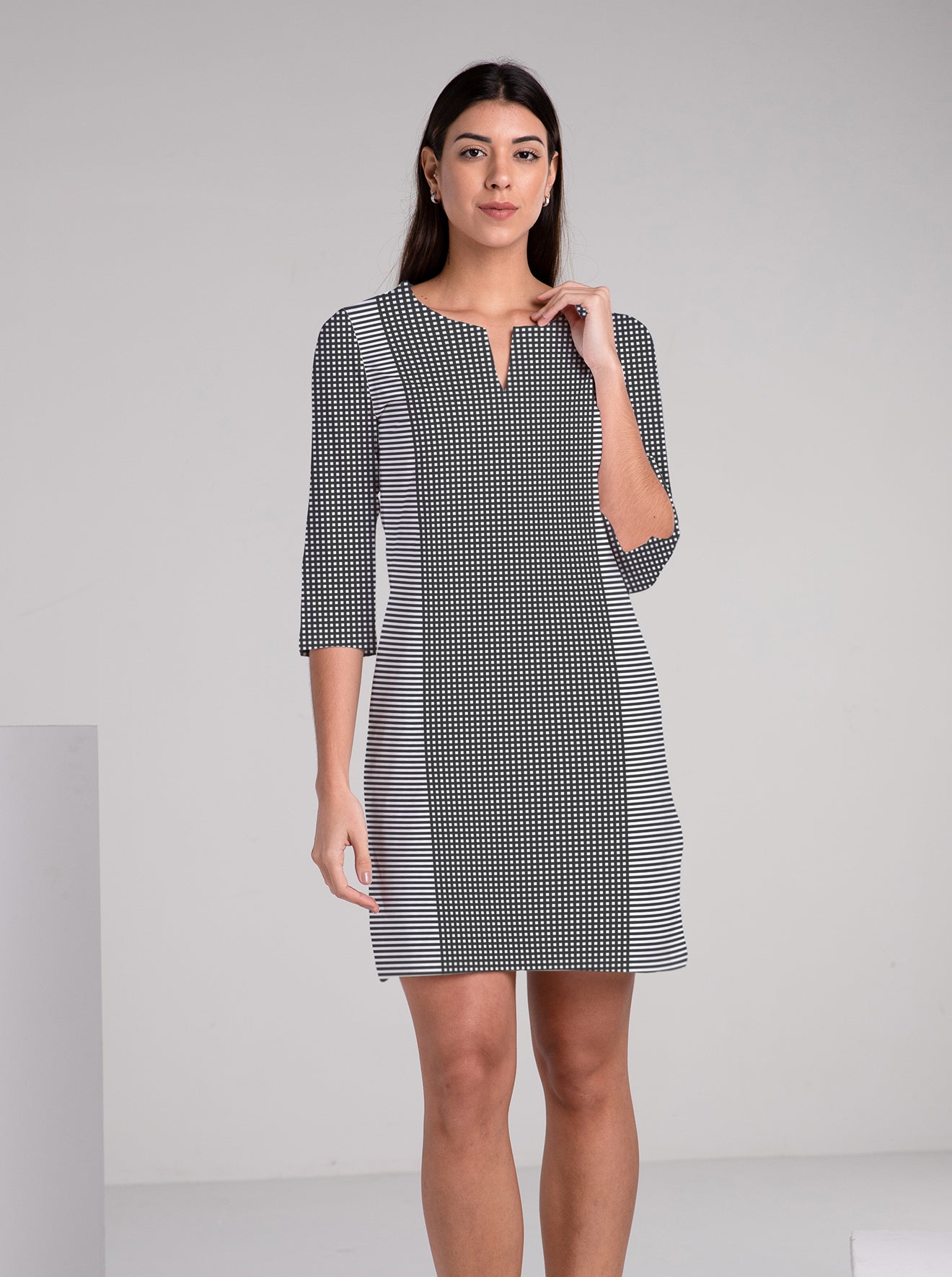 Verona Check Print Cotton Knit 3/4 Sleeve Palm Beach Shift Dress