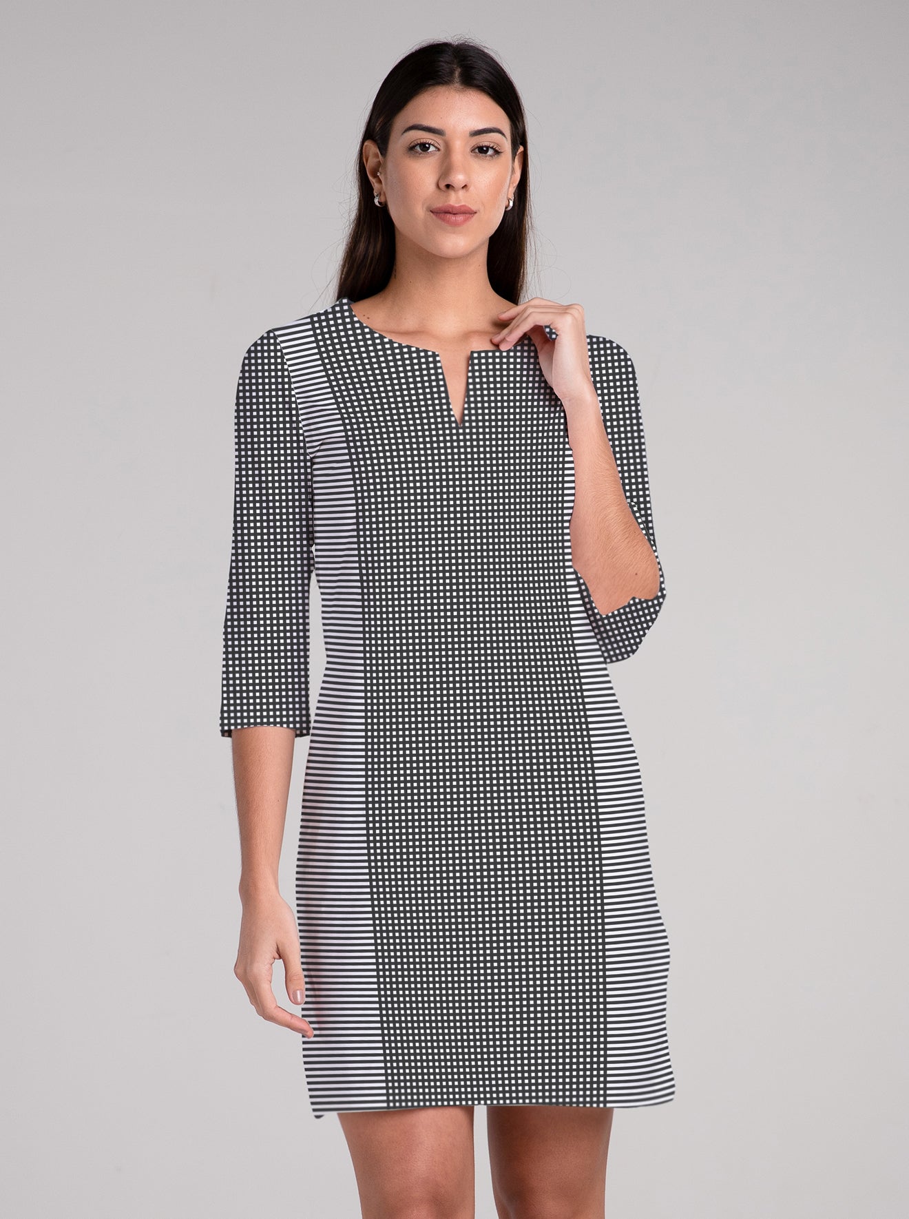 Verona Check Print Cotton Knit 3/4 Sleeve Palm Beach Shift Dress