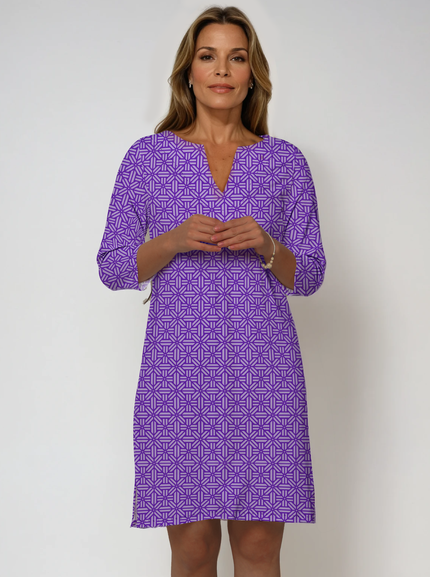 Rattan Print Cotton Knit 3/4 Sleeve Palm Beach Shift Dress (Slim Fit)