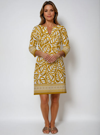 Big Forest Print Cotton Knit 3/4 Sleeve Palm Beach Shift Dress