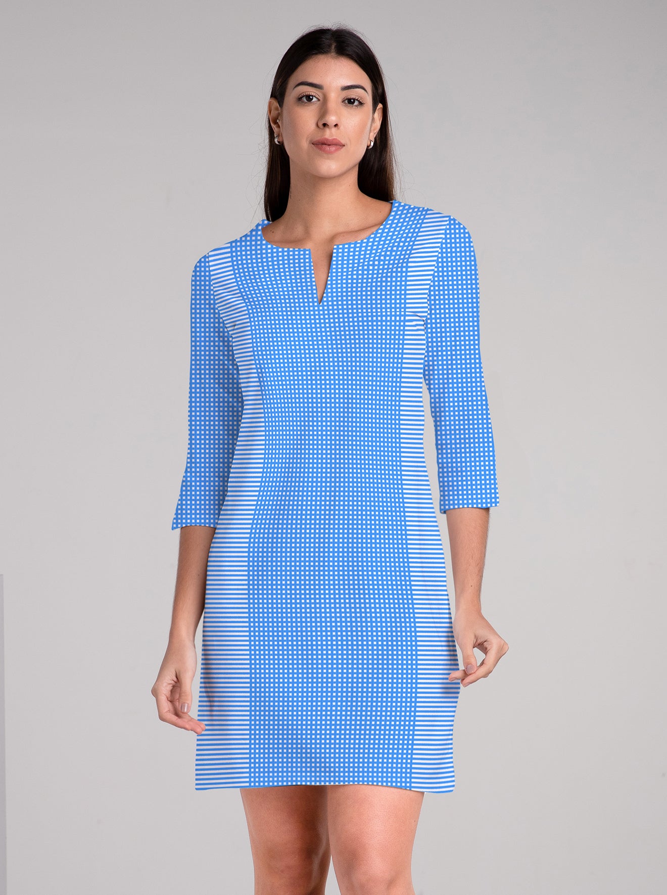 Verona Check Print Cotton Knit 3/4 Sleeve Palm Beach Shift Dress