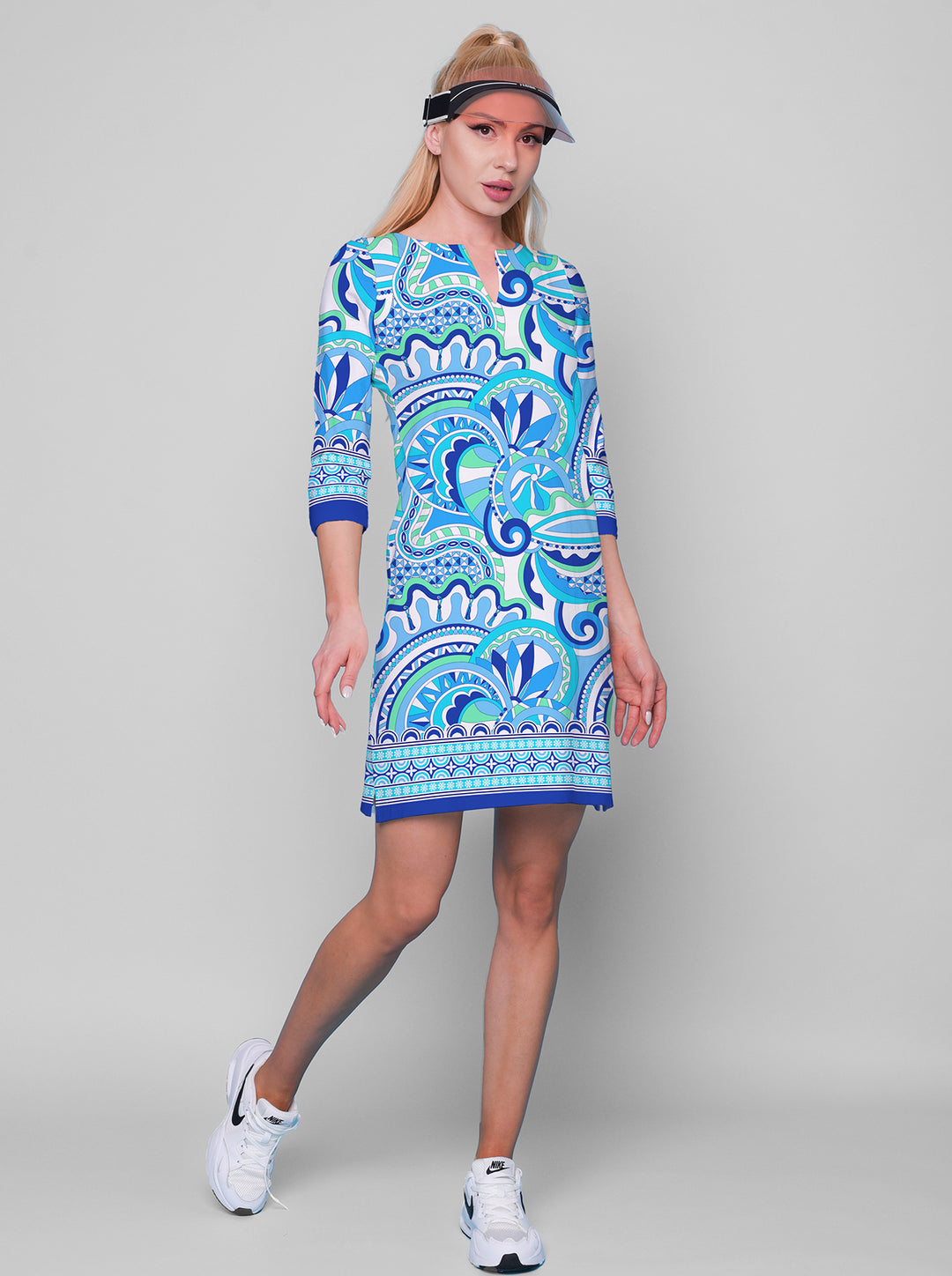 Mind Game Print Cotton Knit 3/4 Sleeve Palm Beach Shift Dress (Slim Fit)