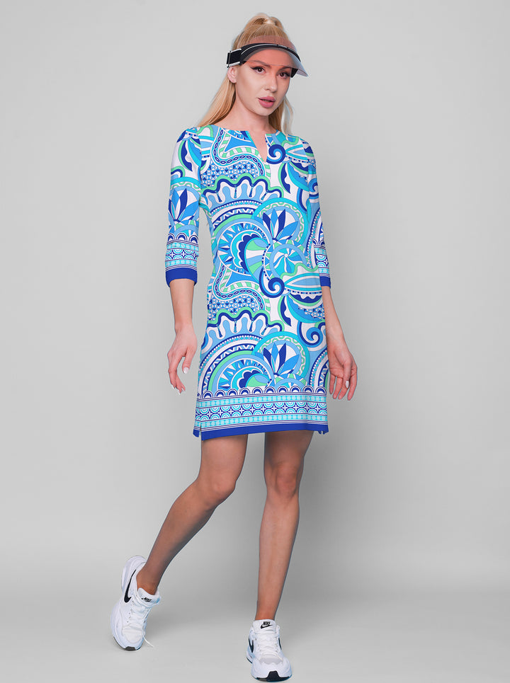 Mind Game Print Cotton Knit 3/4 Sleeve Palm Beach Shift Dress (Slim Fit)