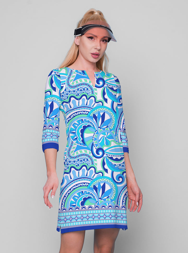 Mind Game Print Cotton Knit 3/4 Sleeve Palm Beach Shift Dress (Slim Fit)