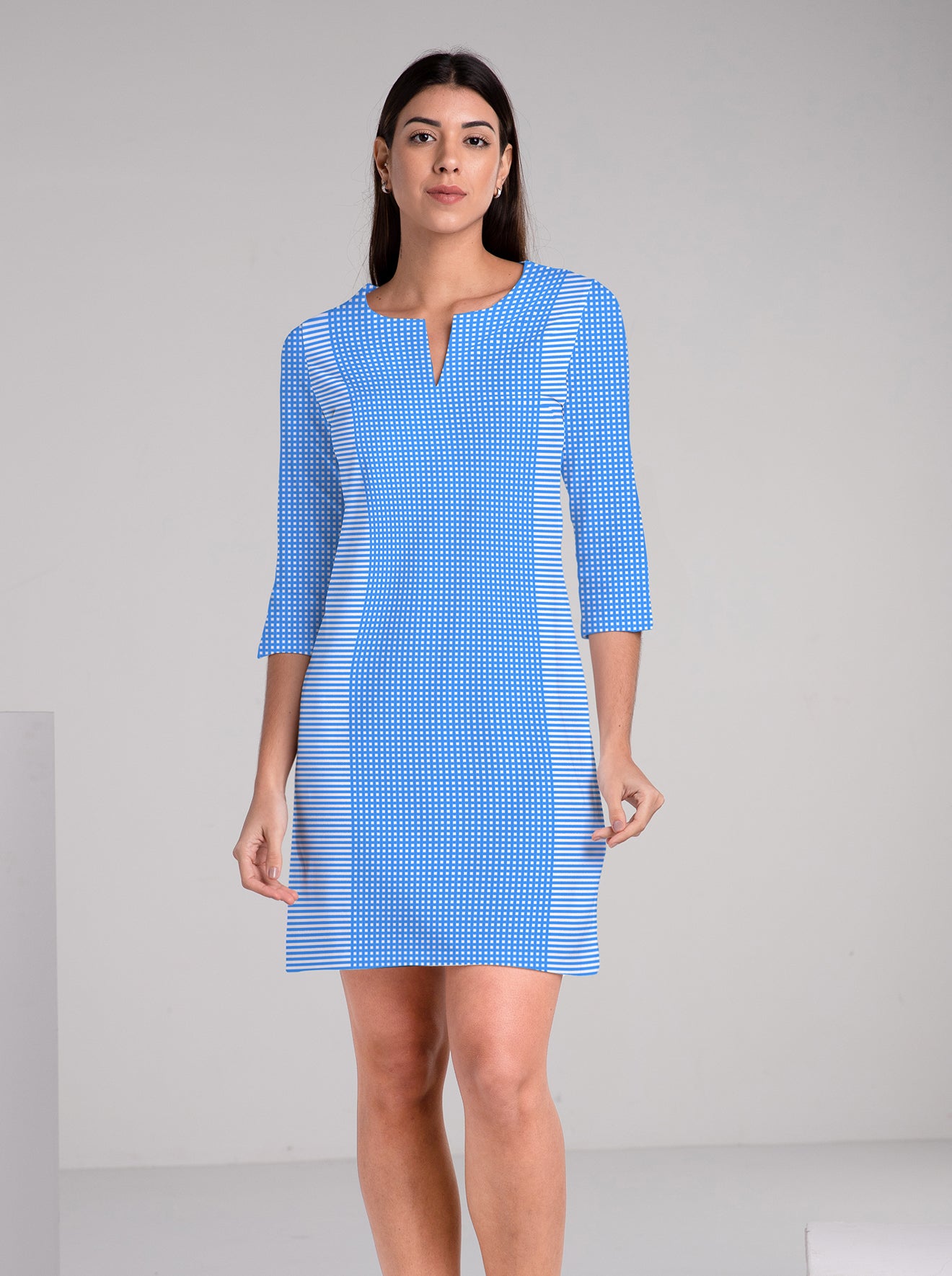 Verona Check Print Cotton Knit 3/4 Sleeve Palm Beach Shift Dress