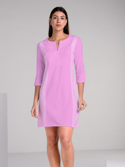 Verona Check Print Cotton Knit 3/4 Sleeve Palm Beach Shift Dress