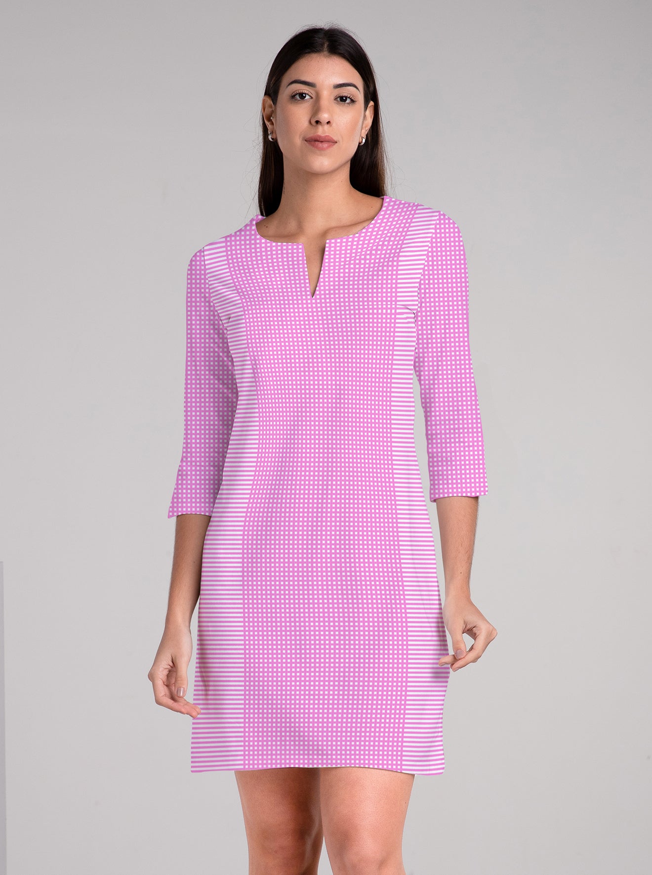 Verona Check Print Cotton Knit 3/4 Sleeve Palm Beach Shift Dress