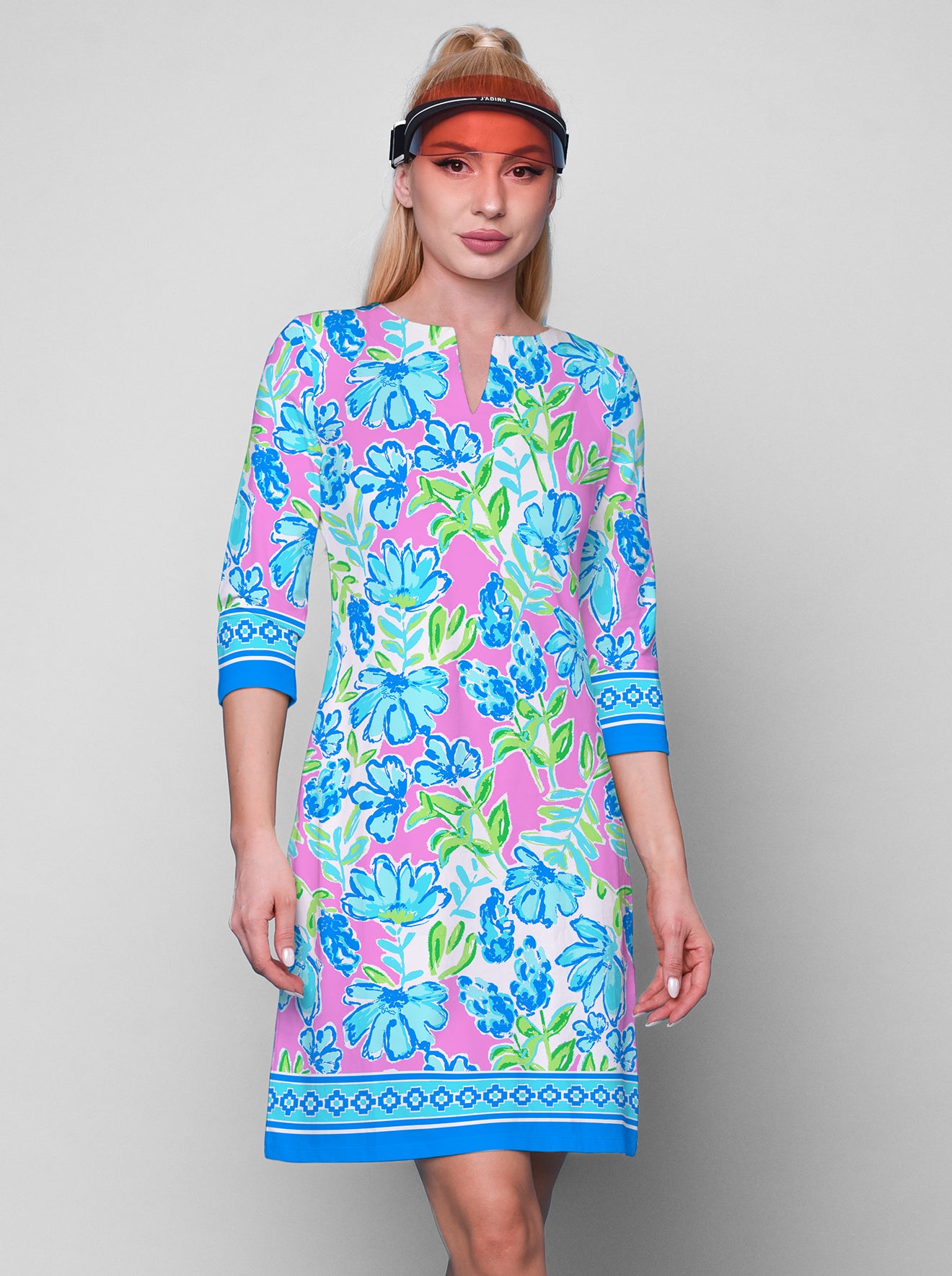 Tuscan Print Cotton Knit 3/4 Sleeve Palm Beach Shift Dress