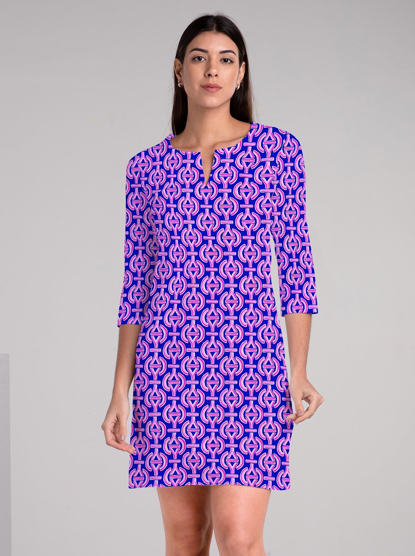 Lockin Print Cotton Knit 3/4 Sleeve Palm Beach Shift Dress