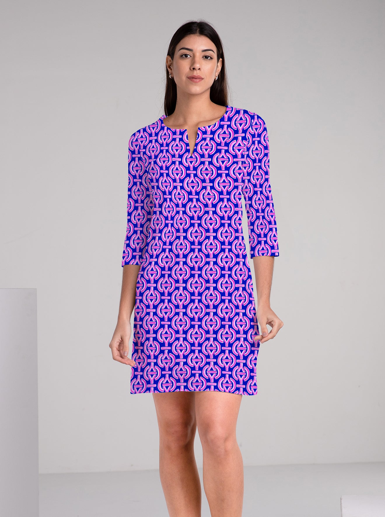 Lockin Print Cotton Knit 3/4 Sleeve Palm Beach Shift Dress