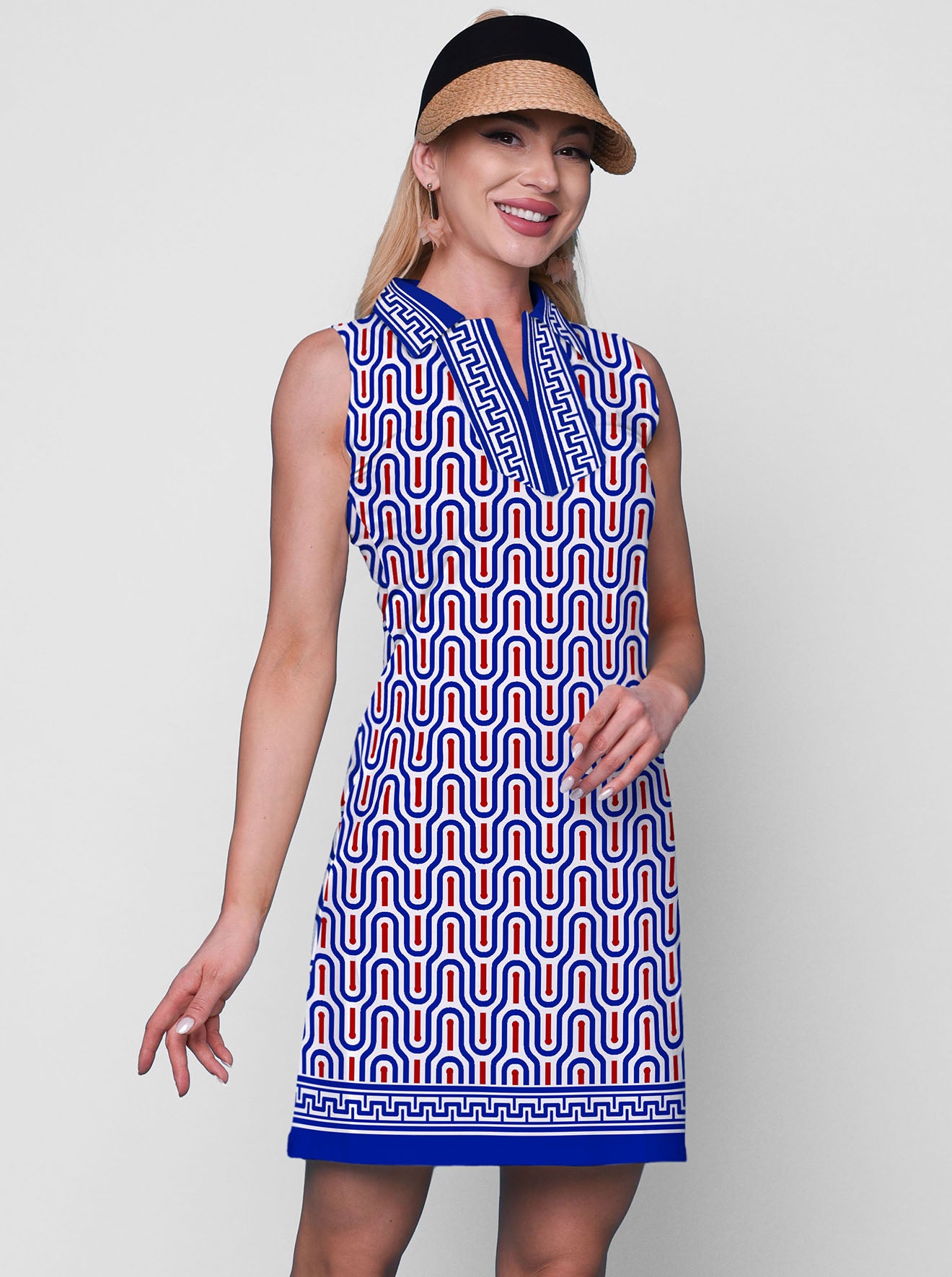 Brickel Print Cotton Knit Sleeveless Polo Dress