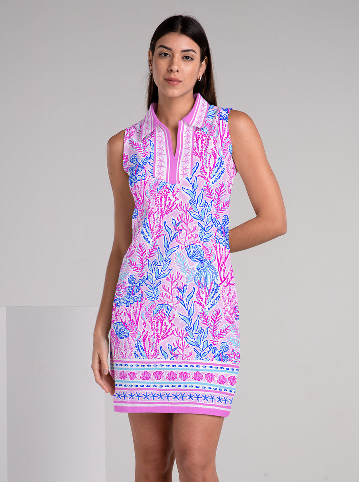 Deep Sea Print Cotton Knit Sleeveless Polo Dress (Slim Fit)