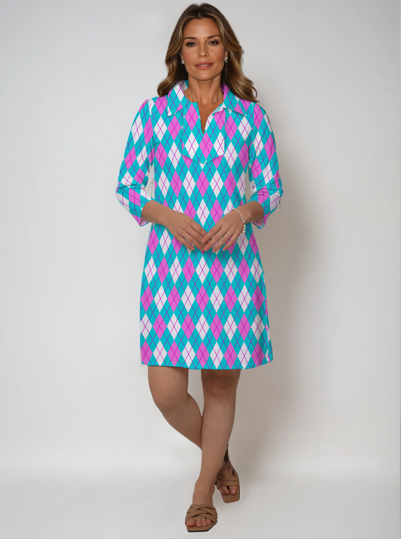 Nylon 3/4 Sleeve Polo Neck Dress