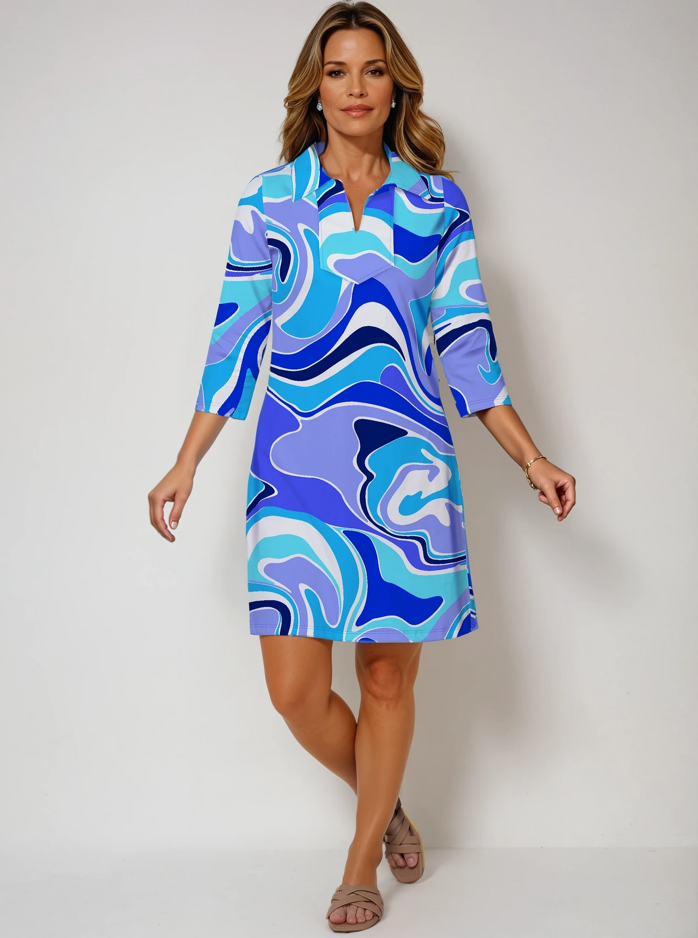 Nylon 3/4 Sleeve Polo Neck Dress