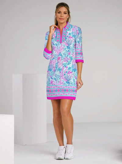 Undersea Print Cotton Knit 3/4 Sleeve Polo Neck Dress