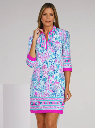 Undersea Print Cotton Knit 3/4 Sleeve Polo Neck Dress