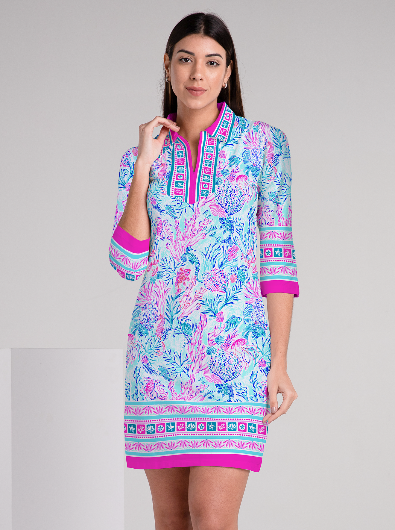 Undersea Print Cotton Knit 3/4 Sleeve Polo Neck Dress