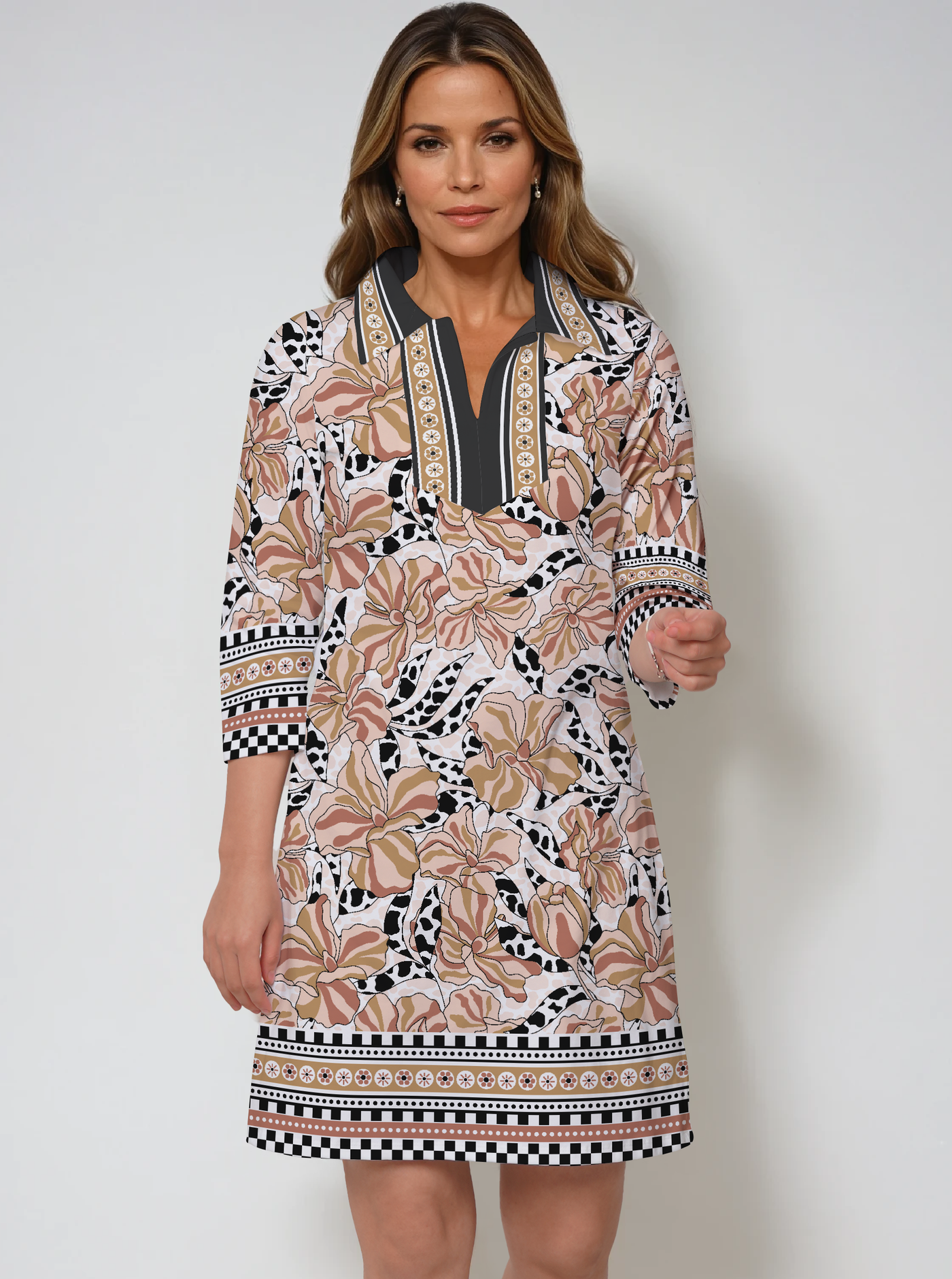 Ruby Print Cotton Knit 3/4 Sleeve Polo Neck Dress