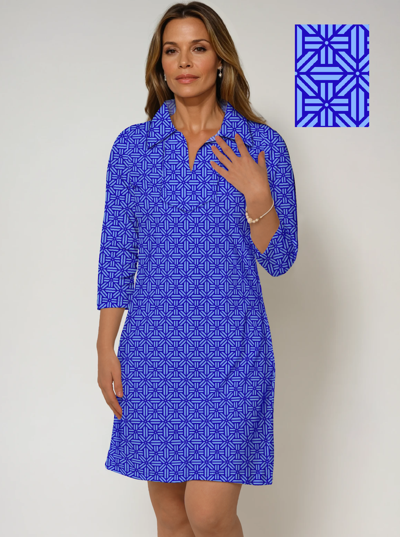 Rattan Print Cotton Knit 3/4 Sleeve Polo Neck Dress (Slim Fit)
