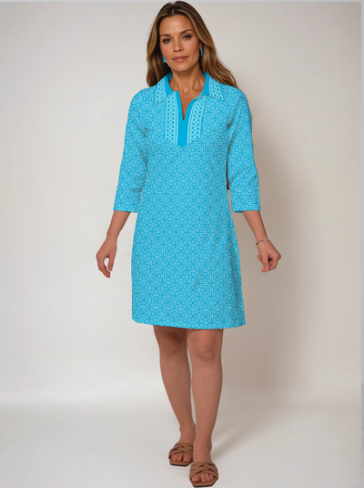 3/4 Sleeve Polo Neck Poly Monochrome Dress