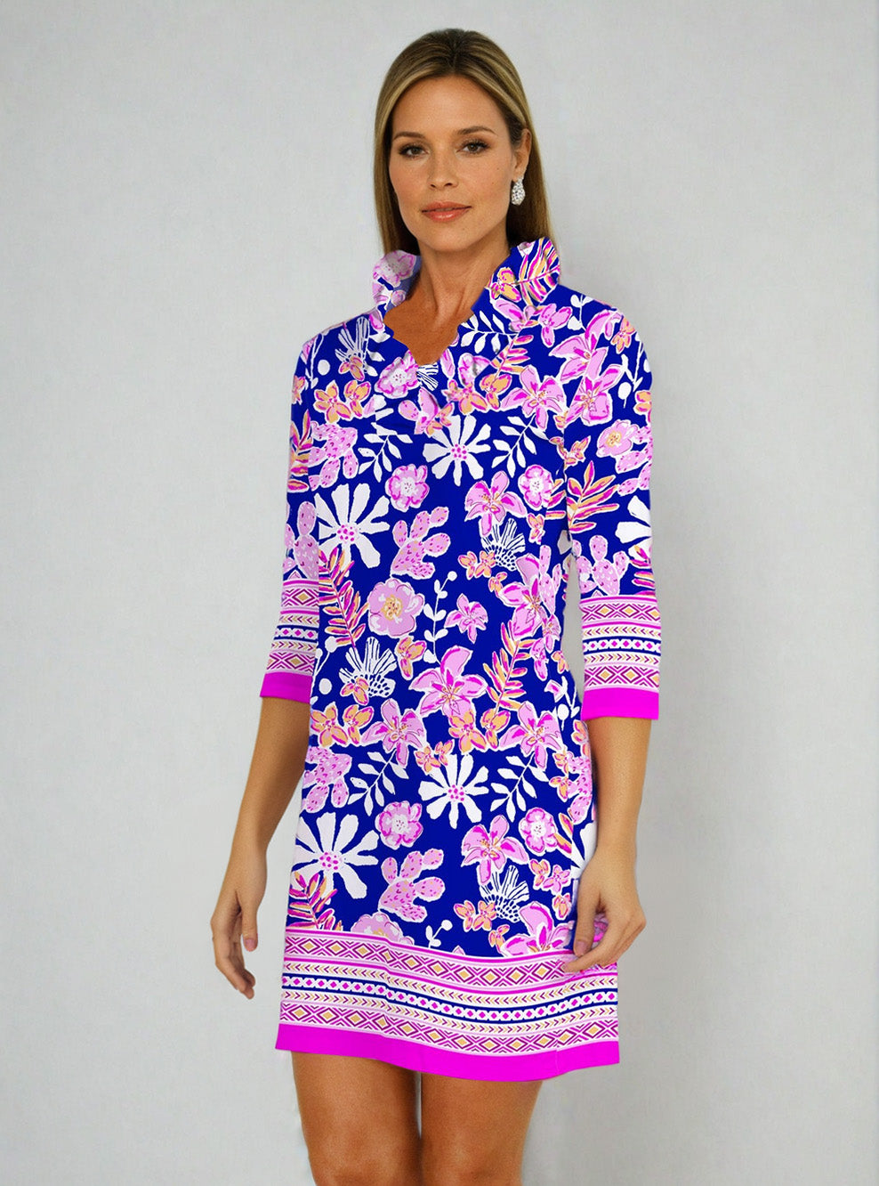 Paradise Island Print Cotton Knit 3/4 Sleeve Ruffle Portrait Neck Dress