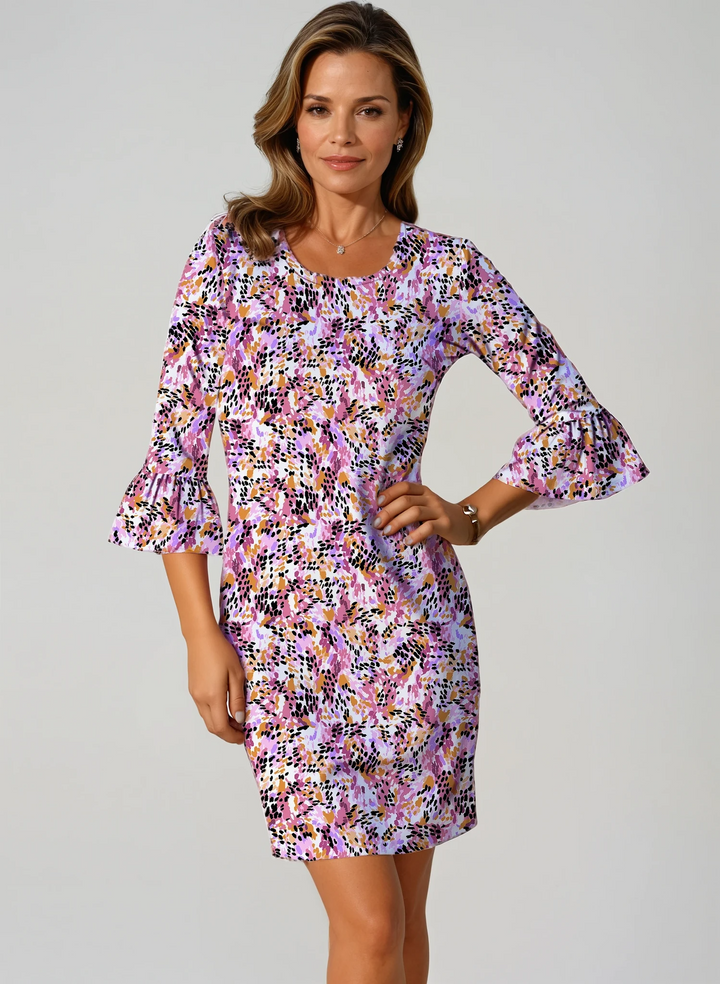 Nylon 3/4 Ruffle Sleeve Scoop Neck Dress (Regular Fit)