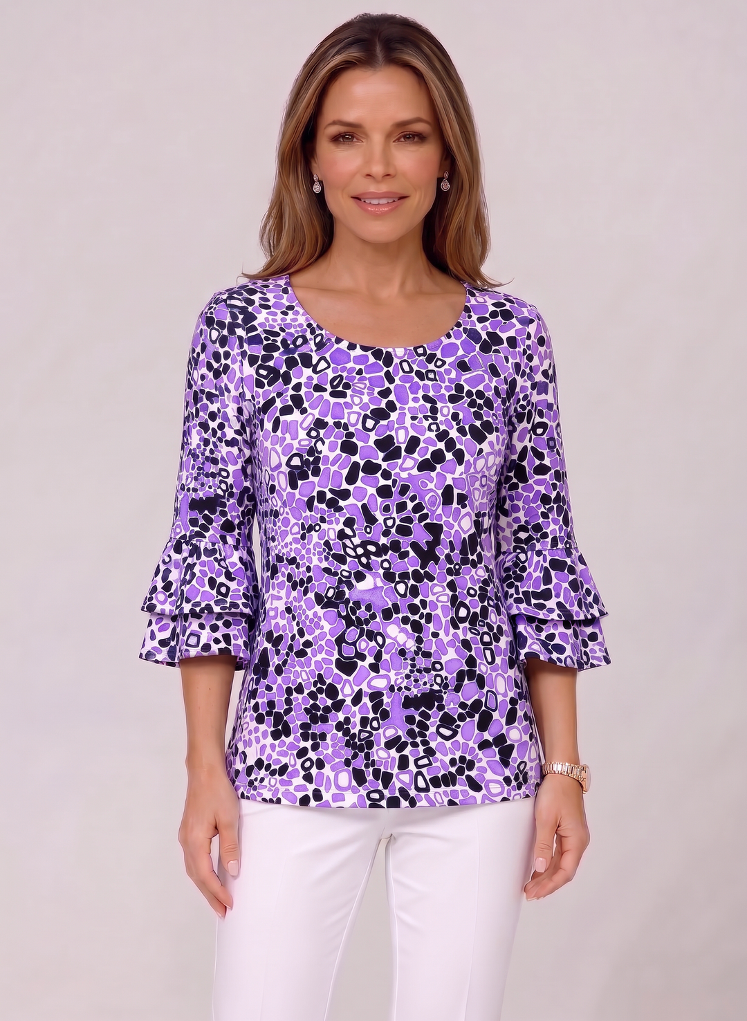 Celeste Print Cotton Knit Two Layered Ruffle Sleeve Scoop Neck Top