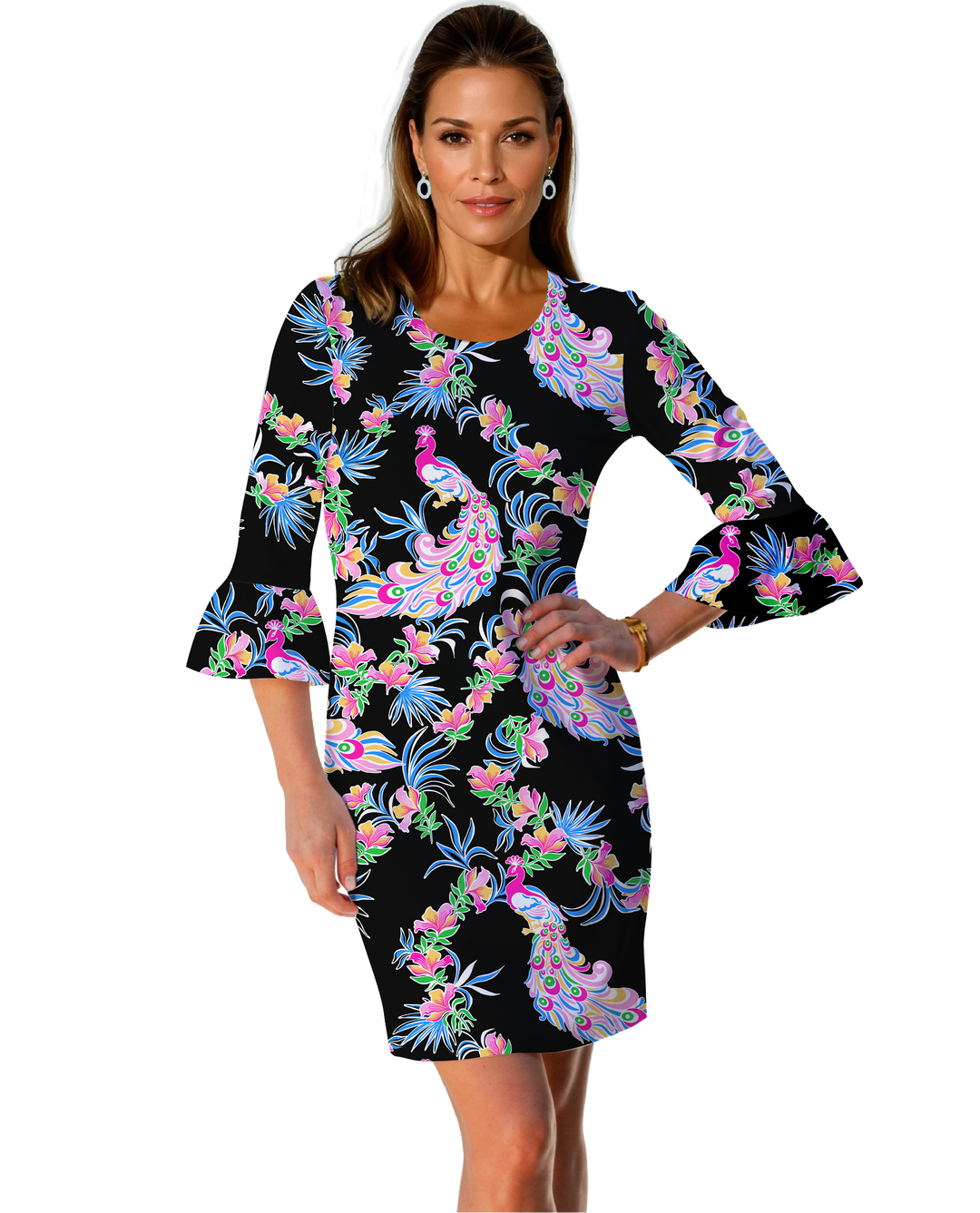 Preciosa Print Cotton Knit 3/4 Ruffle Sleeve Scoop Neck Dress (Regular Fit)