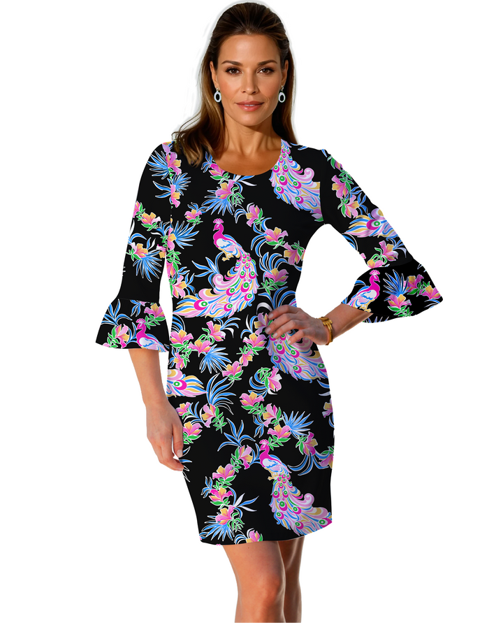 Preciosa Print Cotton Knit 3/4 Ruffle Sleeve Scoop Neck Dress (Regular Fit)