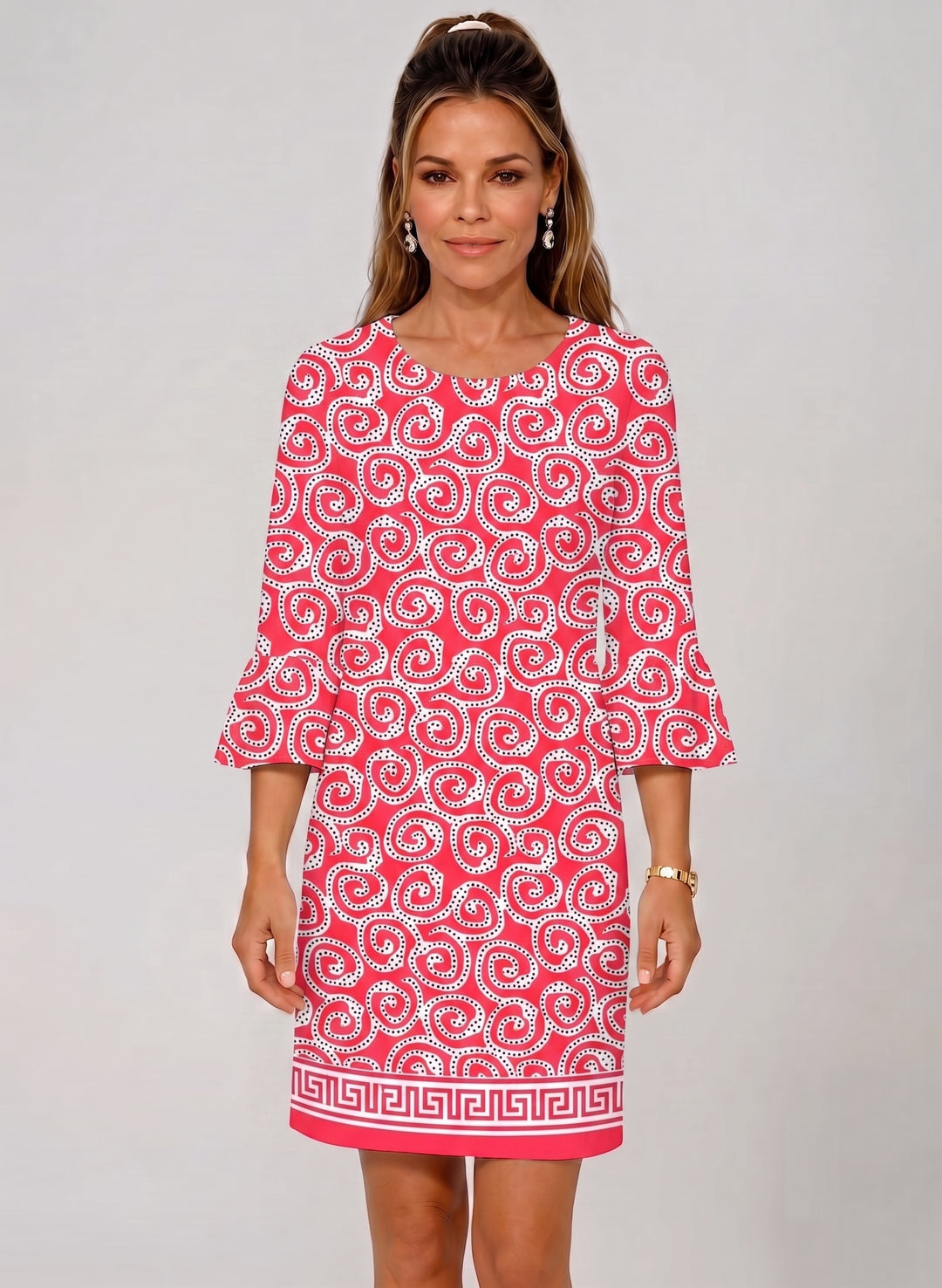 Dotted Swirl Print Cotton Knit 3/4 Ruffle Sleeve Scoop Neck Dress (Regular Fit)