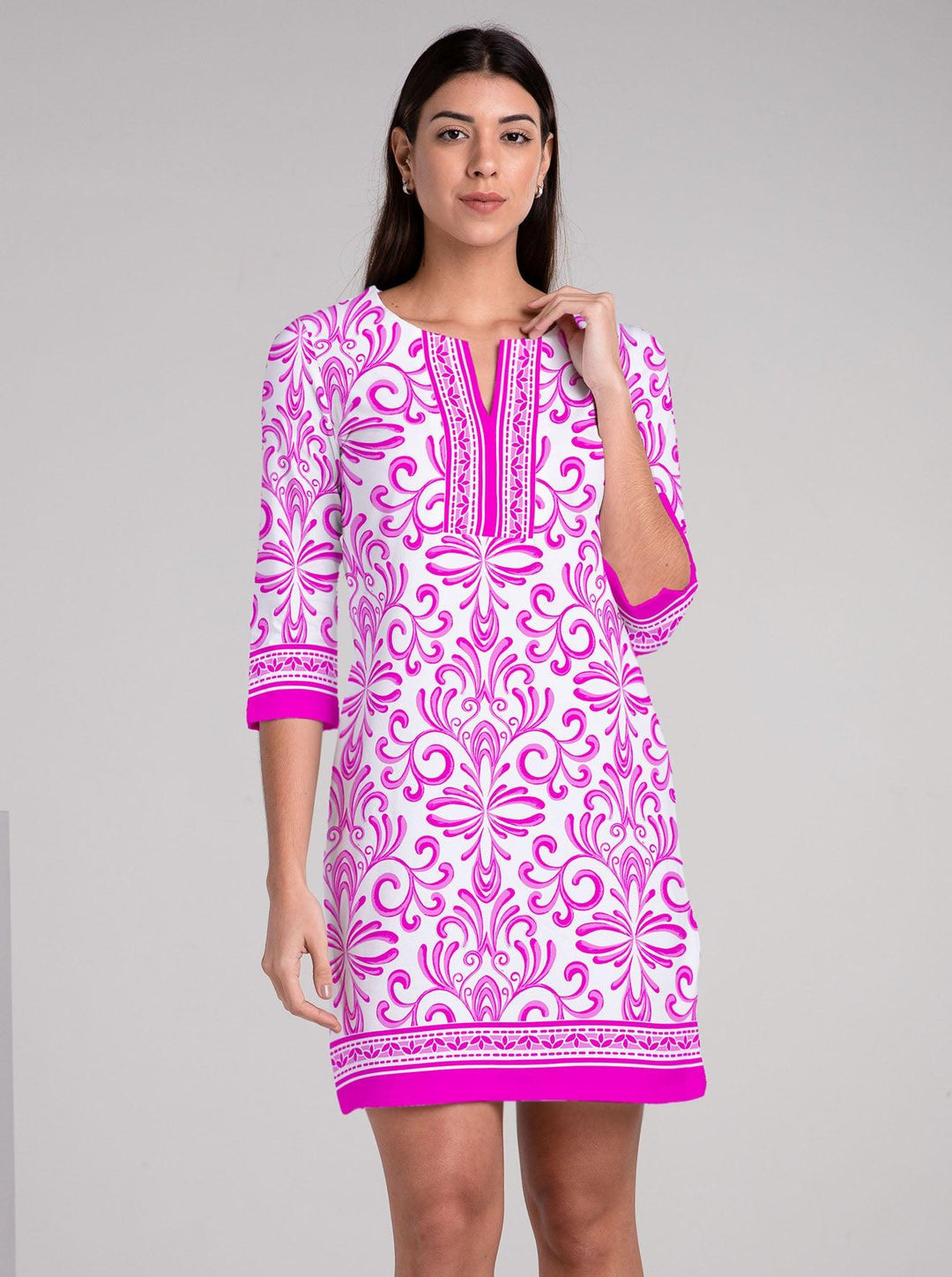 Bonanza Print Cotton Knit 3/4 Sleeve Slit Neck Dress (Regular Fit)