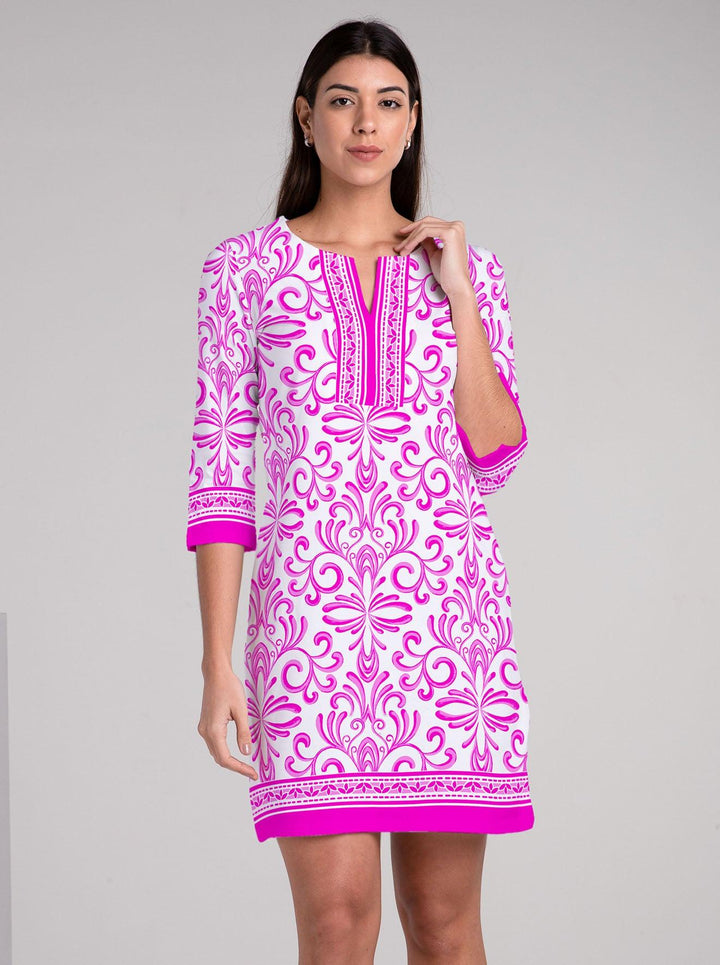 Bonanza Print Cotton Knit 3/4 Sleeve Slit Neck Dress (Regular Fit)