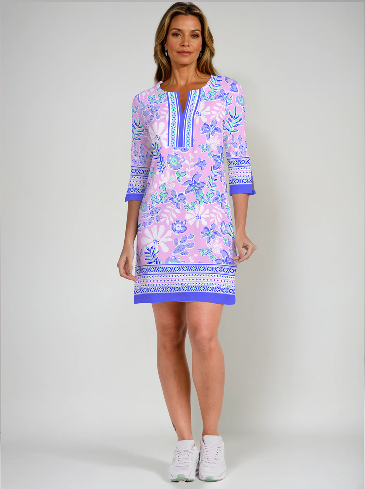 Paradise Island Print Cotton Knit 3/4 Sleeve Slit Neck Dress (Regular Fit)