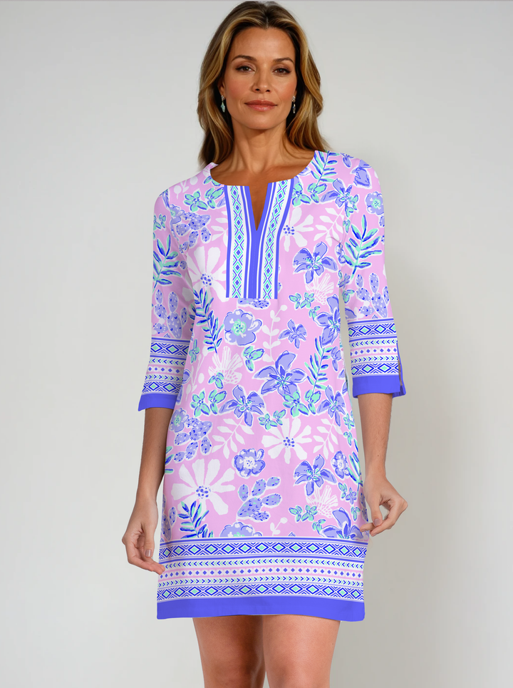 Paradise Island Print Cotton Knit 3/4 Sleeve Slit Neck Dress (Regular Fit)