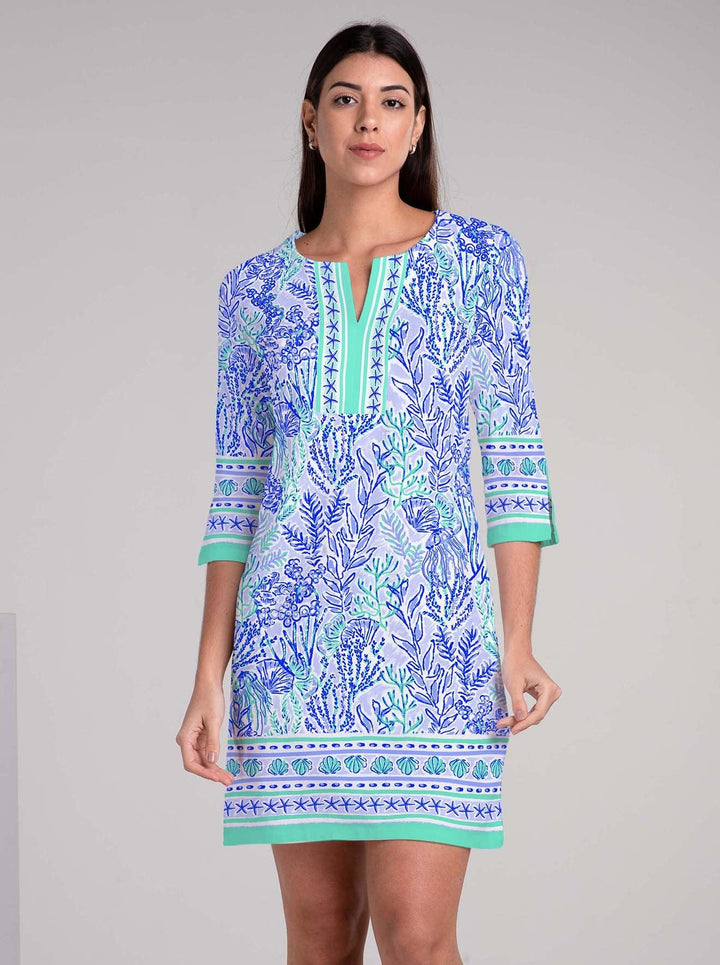 Deep Sea Print Cotton Knit 3/4 Sleeve Slit Neck Dress (Regular Fit)