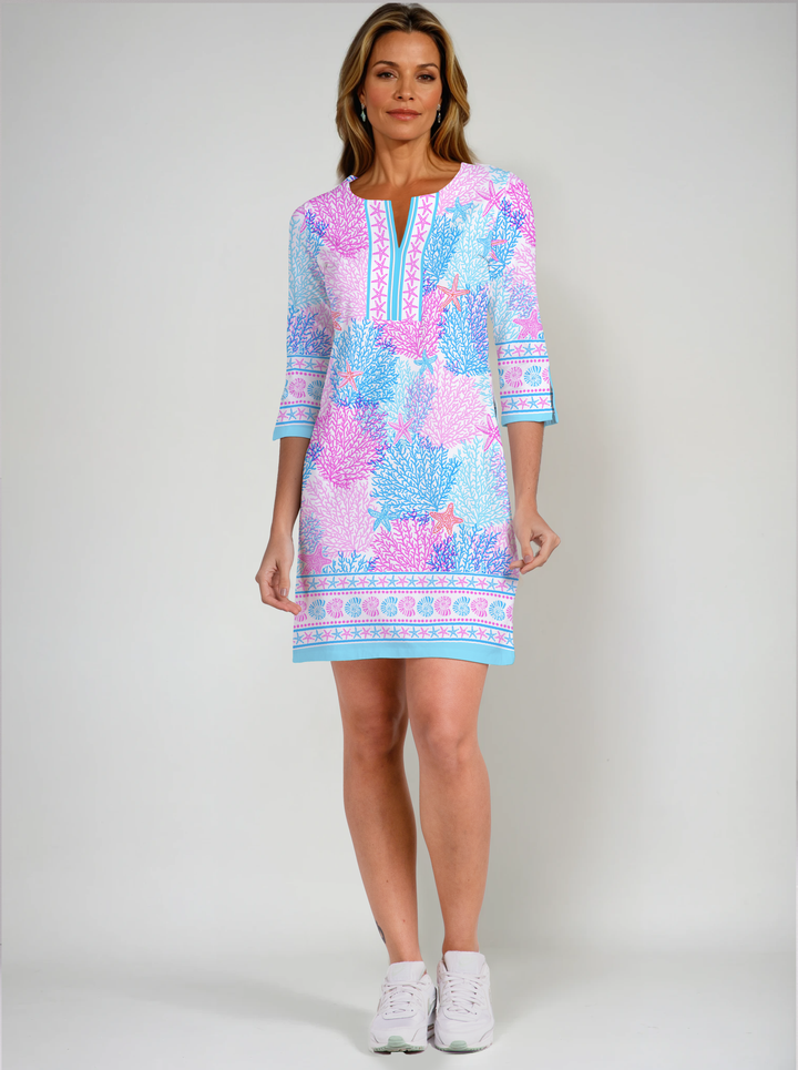 Bimini Dive Print Cotton Knit 3/4 Sleeve Slit Neck Dress (Regular Fit)