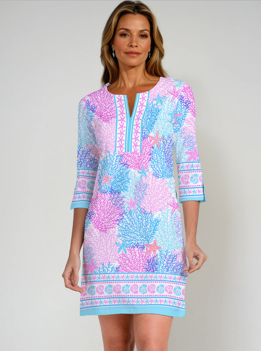Bimini Dive Print Cotton Knit 3/4 Sleeve Slit Neck Dress (Regular Fit)